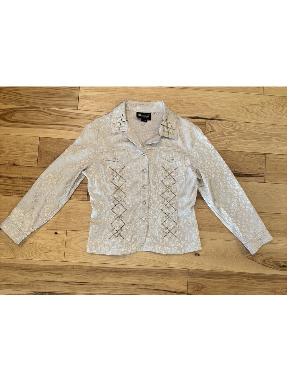 Christine Alexander Beige Brocade Rhinestone Western Shirt Blouse Size S Short